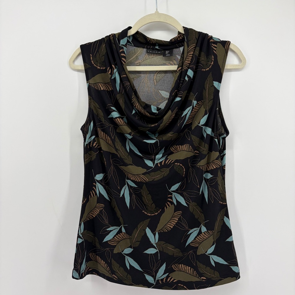 Tahari Womens S Black Tropical Leaf Cowl Neck Sleeveless Blouse Tank Top